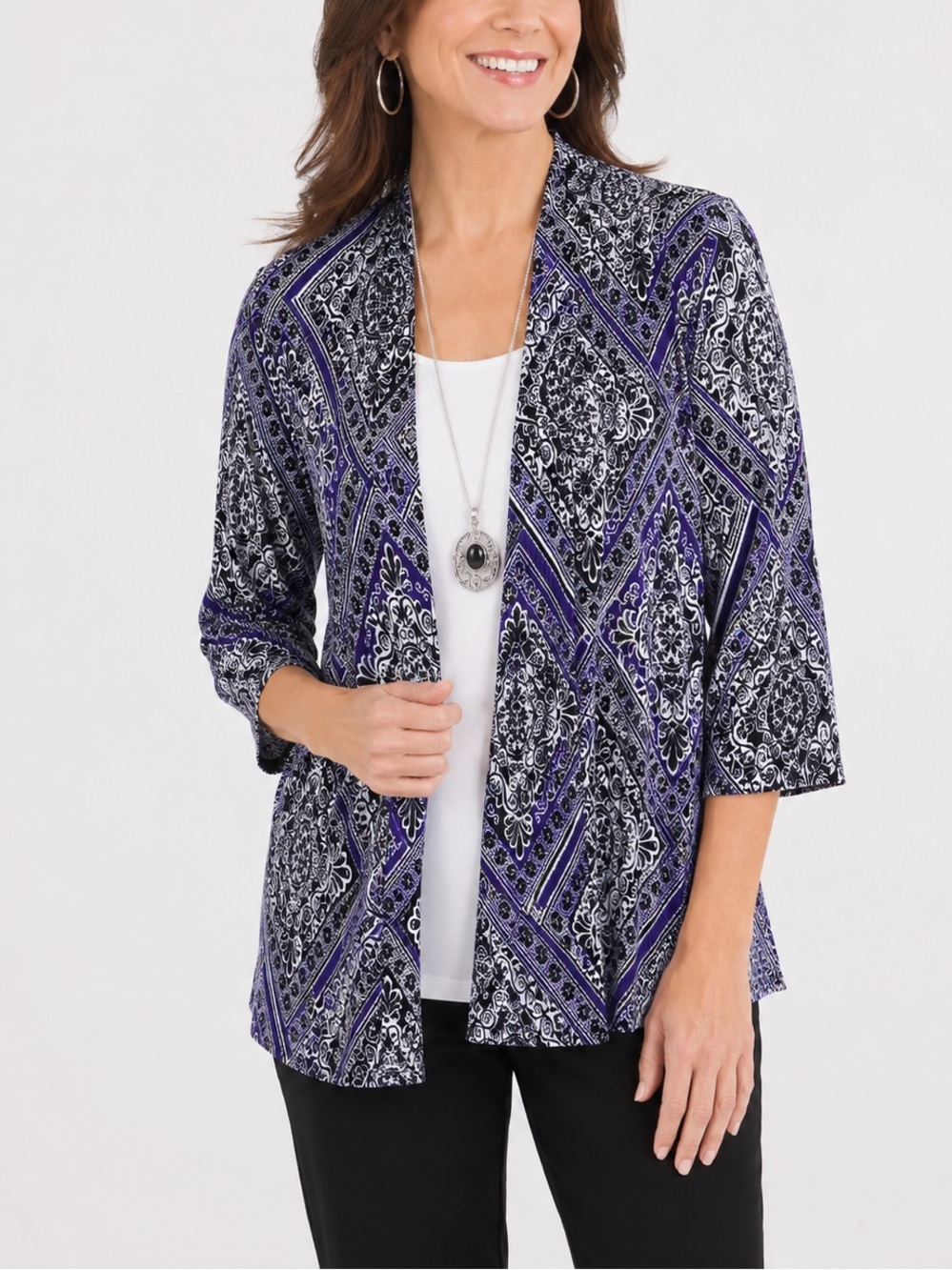Chico’s Travelers Open Front Cardigan Purple Black Size 2 Medallion Print Large